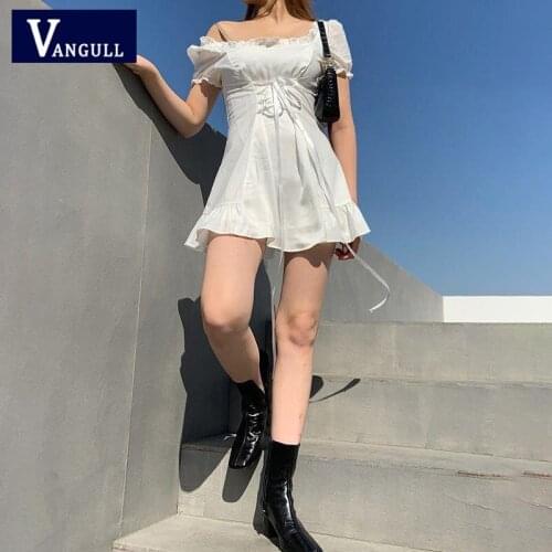 Vangull White O-Neck Puff Sleeve Dress Women Summer New Lace-up A-line Ruffles Dress Vintage Fashion Sweet Female Party Dresses