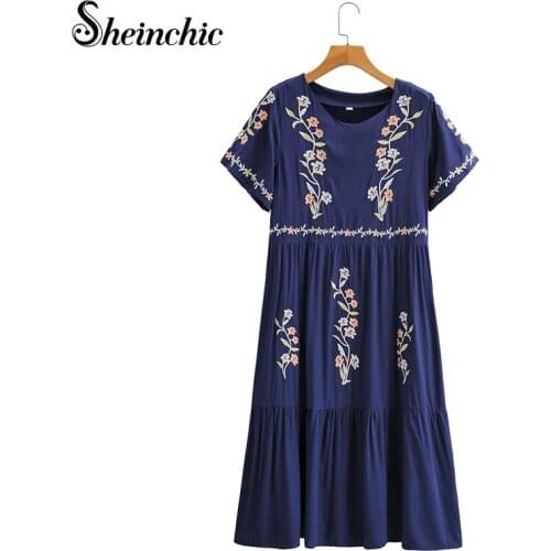 Vintage Blue Flower Embroidery Dresses for Women 2021 Summer O-neck Short Sleeve Loose Casual Dress Midi Vestido De Mujer