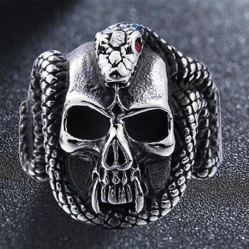 Stainless Steel Punk Red Eyes Cobra Skull Ring Vintage Mens Women Snake Skeleton Rings