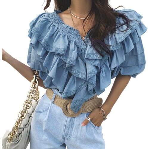 2021 Fashion Girls Blouses V Neck Womens Shirt Elegant Blue Kawaii Clothes Ruffles Korean Clothing Short Sleeve Tops Kpop XC697