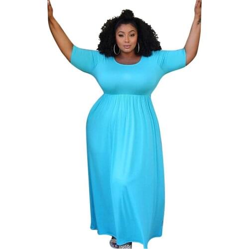2021 new solid color pleated big hem short sleeve long plus size dress shiny and comfortable