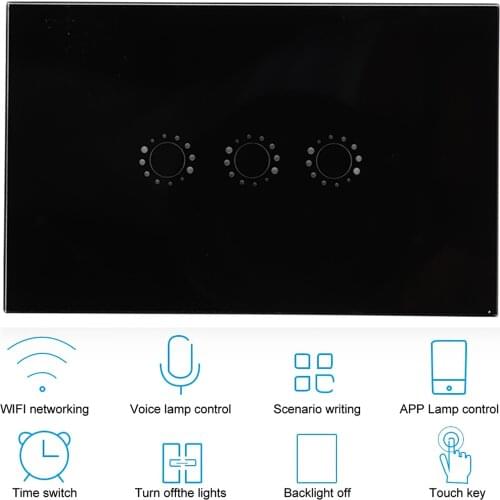 95-240V 1/2/3 Gang Smart WIFI Wireless Touch Switch Panel US Standard Switch Remote APP Control (Black US Plug)