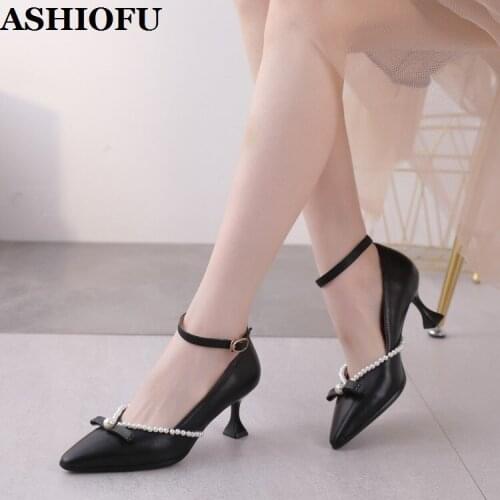 ASHIOFU Handmade 2021 New Womens Pumps Sheepskin Leather Euro Style Pearl Fashion Black Court Shoes Party Prom Large Size Shoes