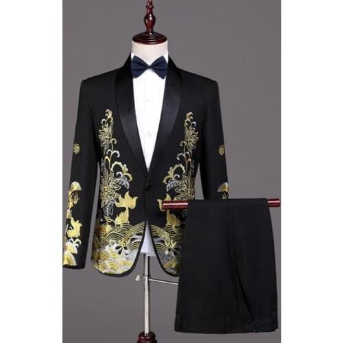 Blazer men groom suit set with pants mens wedding suits embroidery singer star style dance stage clothing formal dress black
