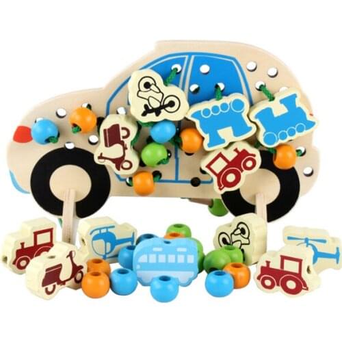 Baby DIY Toy Cartoon Animal / Vehicle Stringing Threading Wooden Beads Toy Monterssori Educational For Baby Kids Children