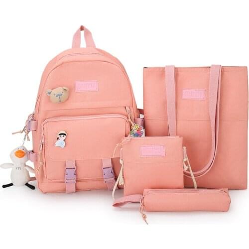 Pretty Style 4Pcs/set Canvas Solid Color Laptop Backpacks Women School Bags for Teenage Girls Bookbag Student Travel Backpack