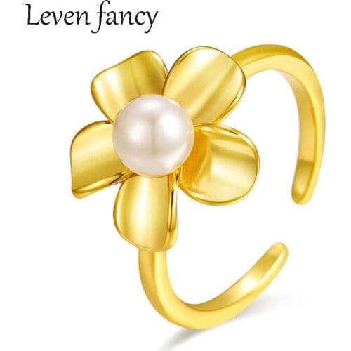 925 Sterling Silver Beautiful Blossom Flower Rings with White Pearl Cocktail Summer Ring Unique Gift for Women and Girls