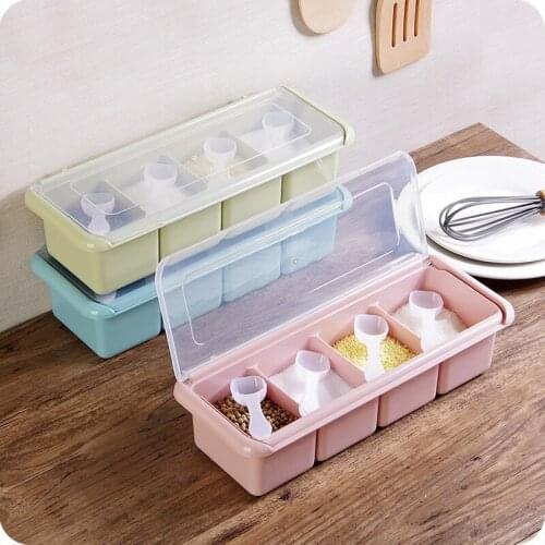 4 Grids Seasoning Box Plastic Seasoning Pot Set Kitchen Salt Pot Seasoning Cans