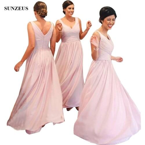 Beautiful Pink Bridesmaid Dress Long Chiffon Party Dresses A-line V-neck Tank Wedding Guest Gowns With Pleats BDS014