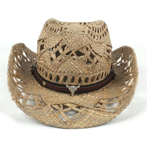Fashion Womem Men Straw Cowboy Hat Handmade Weave Summer Western Cowgir Sombrero Hombre Lifeguard Hats With Fashion Bull Head