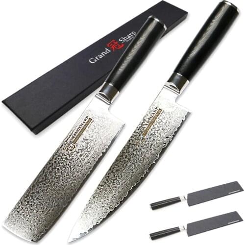 Damascus Knife Set 2-Piece Chef Nakiri Kitchen Knife Japanese Damascus Stainless Steel vg10 Black G10 Handle Home Kitchen Tools