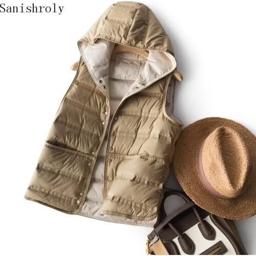 New Women Hooded Ultra Light 90% White Duck Down Waistcoat Female Sleeveless Vest Single-breasted Short Autumn Winter Coat Parka