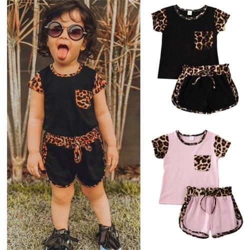 1-6Y Summer Toddler Kids Baby Girls Fashion Clothes Sets Short Sleeve Leopard Patchwork Tops Shorts Outfits 2pcs