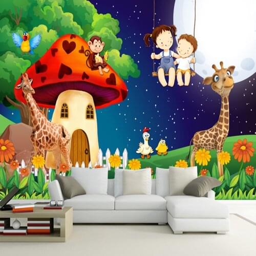 Custom 3D Wallpaper Waterproof Canvas Wall Painting Cartoon Tree Mushroom Room Moon Giraffe Children Room Wall Decor Photo Mural