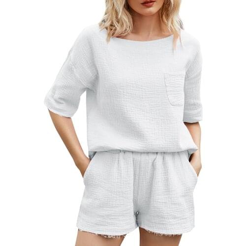 Tracksuit Women 2 Piece Set Cotton Linen O Neck Pocket T Shirt Elastic Shorts Suit Ladies Loose Fold Summer Sportwear Set Female