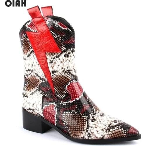 OIAH Motorcycle Boots For Women Winter 2019 Fashion Shoes Pointed Toe Slip On Ankle Boots Snake Skin Combat Boots Ladies Shoes