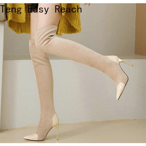 2021 Fashion Women Over The Knee Boots Pointed Toe Thin High Heel Ladies Long Boots Slip on Women Faux Suede Women Shoes Black 9