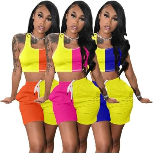 2021 Casaul Women Biker Two Piece Set Color Patchwork Crop Topn And Pants Drawstring Sportsuit Summer Clothes For Women Outfit