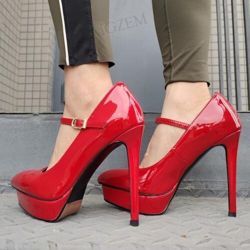 BERZIMER Women Platform Pumps Pointed Toe Slim High Heeled Real Leather Red Shoes Woman Party Club Prom Wedding Size 38 39 40