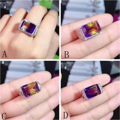 Business Mens Fashion 925 Sterling Silver Ring Luxury Square Natural Purple Yellow Stone Jewelry Wedding Engagement Party Ring