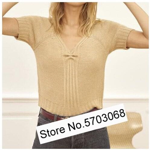 ElfBop Women Short Sleeve V Neck Knitting Sweater Pullover - Ladies Knit Jumper Top
