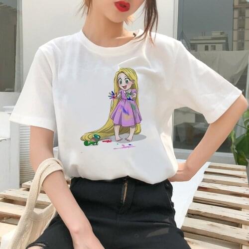 Disney Womens T-Shirt Cute Lively Rapunzel Printed Kawaii Girls T Shirt Korean Trendy Ulzzang Shirt Princess Lady Street Wear
