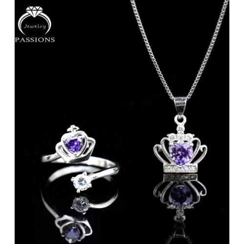 Hot Fashion Purple AAA Zircon Crown Jewelry Set 925 Sterling Silver Rhinestone Crown Pendant Necklace And Rings Women Fine Gift