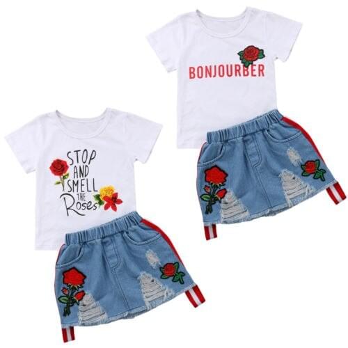 2Pcs Clothes Set Toddler Kids Baby Girl Summer Outfits T-shirt Tops+ Rip SKirt Party Clothes
