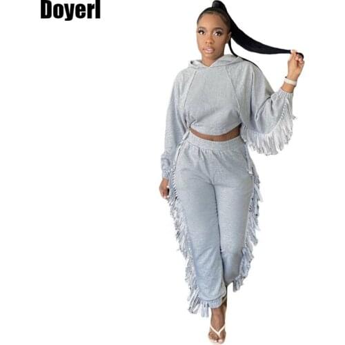 Hoodies Women Tracksuit 2 Piece Set Winter Fashion Casual Tassel Crop Top and Sweat Pants Sets for Women Joggers Sweatpants Sets