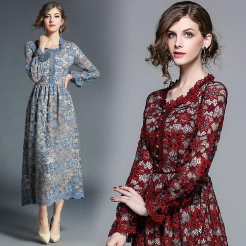 Godier Lace water soluble sexy dress Elegant long sleeve hollow out women dress 2020 Autumn winter party dress robe femme