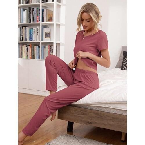 Summer Pajama Sets Lady Casual Home Wear Suit Solid Color Round Neck Short Sleeve T-shirt Long Trousers Women Female 2021 New