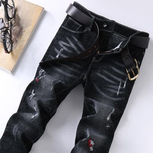 Summer Thin Jeans Mens Stretch Slim Fit Pants Korean Version Fashion Youth Hole Black Casual Long Pants
