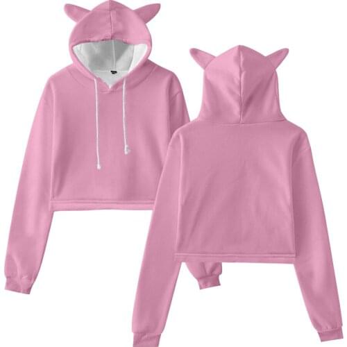 Harajuku Kawaii 3D Cropped Hoodies Solid Color Cute Cat Ears Hooded Sweatshirts Women Fashion 3D Crop Top Sweatshirts Pullovers