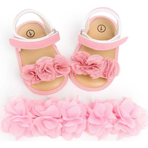 Princess Cute Newborn Baby Girls Flower Sandals Summer Casual Soft Crib Shoes+Headbands 2pcs First Prewalker Beach Sandals