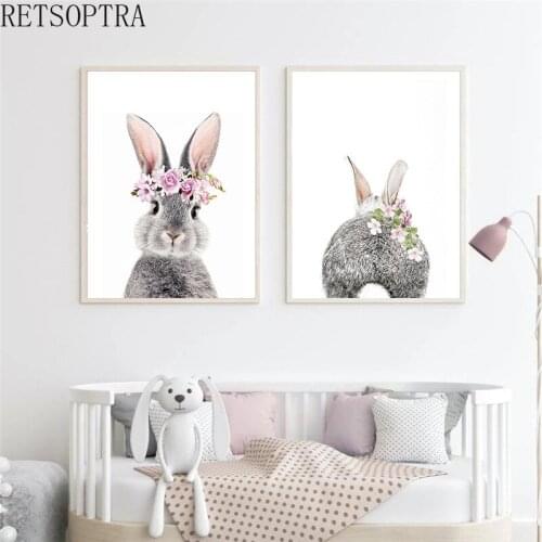 Fashion Lovely Wall Painting Cute Rabbit with Pink Flower Kids Room Decor Print Poster Canvas Pictures Gray Bunny Tail Anime