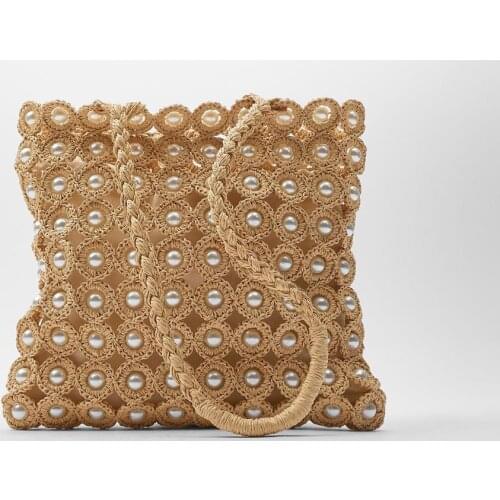 Fashion Pearls Straw Women Shoulder Bags Design Wicker Woven Handbags Casual Summer Beach Rattan Bag Large Tote Shopper Purses