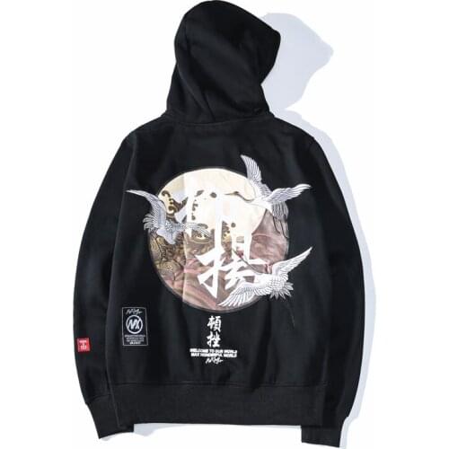 Embroidery Japanese Cranes Pullover Hoodies Men Hooded Sweatshirts Streetwear couple wear 2019 Autumn Winter Hip Hop Male Casual