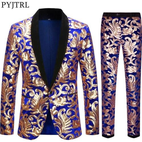 PYJTRL Men Royal Blue Velvet Two pics Suits With Pants Sequins Velvet Mens Fashion Shawl Lapel Floral Sequins Slim Fit Blazer