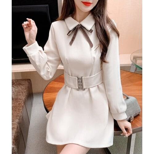 New 2021 Autumn Winter Women Woolen Solid A Line Dress Long Sleeve Lace up Bow Tie Peter Pan Collar Mini Wool Dress With Belt