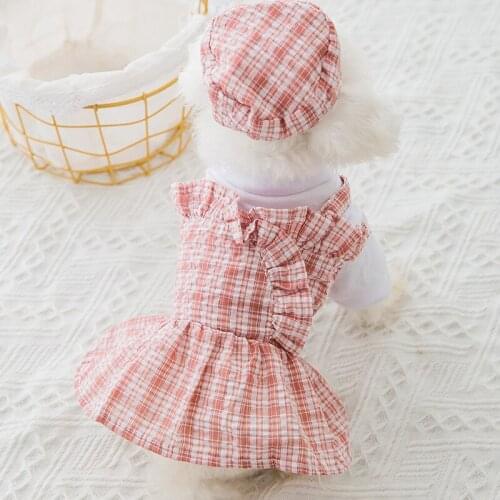 New spring/summer pet clothes dog dress thin plaid skirt with cap uniform skirt cat two-legged clothing puppy dress girl