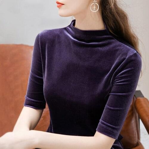2020 Autumn Women Velvet Half Sleeve Shirt Turtleneck Elegant Slim Office Tops Female Basic Shirts Plus Size M-7XL Blue Purple