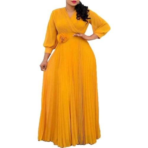 2021 Autumn Summer Pleated Maxi Dresses Africa Clothing V Neck With Appliques Gowns Fashion Plus Size African Dresses For Women