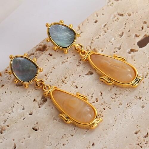 Lifefontier Vintage Geometric Shell Big Stone Drop Earrings for Women Golden Metal Long Dangle Earrings Wedding Party Jewelry