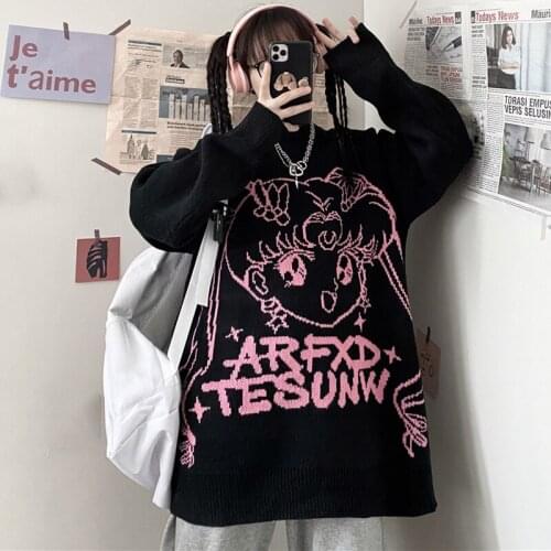 Harajuku Cartoon Pattern Sweater Women College Style Sweater New Autumn Sweater Loose Round Neck Sweater Vintage Man Sweater