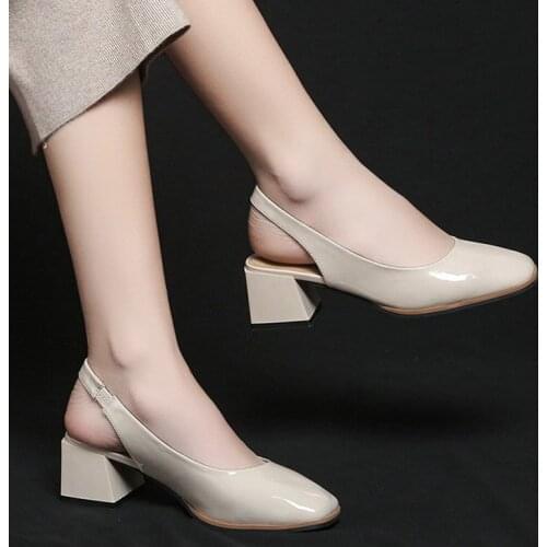 Ol Office Lady Shoe Patent Leather Dress Shoes Women Slingbacks Square Heel Sandals Ladies Shoe Slip on zapatos mujer Pump 9107G