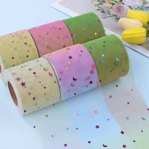 Rainbow Gradient Star Sequin Gauze Tulle Roll Ribbon 6cm*25yards for Crafts Baby Girl Hair Bow Flower Accessories Tutu Material