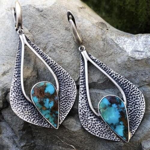 Vintage Hollow Out Water Drop Dangle Earrings Ethnic Thai Silver Color Natural Turquoises Blue Pear Stone Earrings Boho