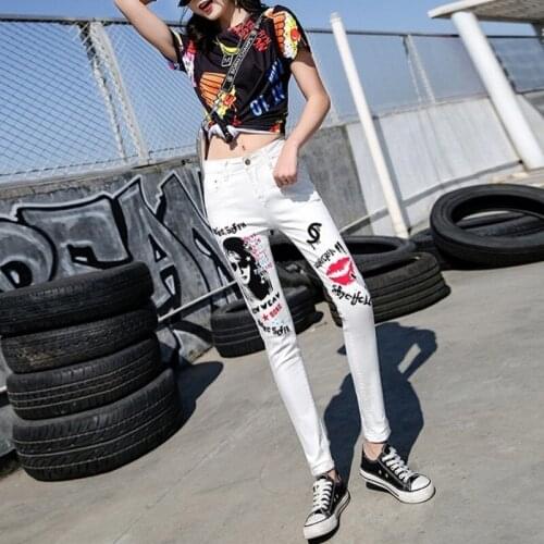 Women Printed White Jeans Fashion Slim Fit High Waist Trousers 2021 Autumn Elastic Pencil Pants Female Street Casual Denim Pants