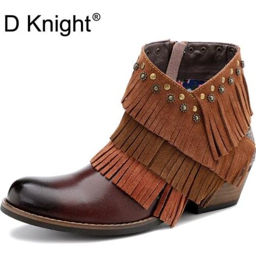 Full Grain Leather Ankle Boots For Women Shoes Tassel Rivet Short Boots Handmade Vintage High Heels Boots Lady Boots Winter 2020