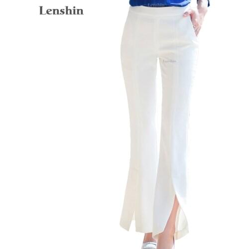 Lenshin Flare Trousers Bell-bottomed Pants with Pockets Summer Work Wear Full-Length for Women Slim Female Office Lady